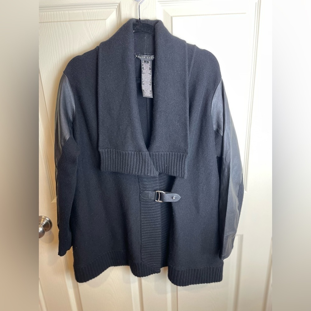 Ralph Lauren wool cashmere leather belted cardigan black large - Picture 3 of 15